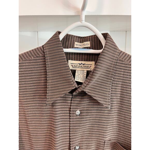 Vintage Natural Issue Long Sleeve Shirt Brown Micro Check Made in Korea Large - Picture 3 of 15